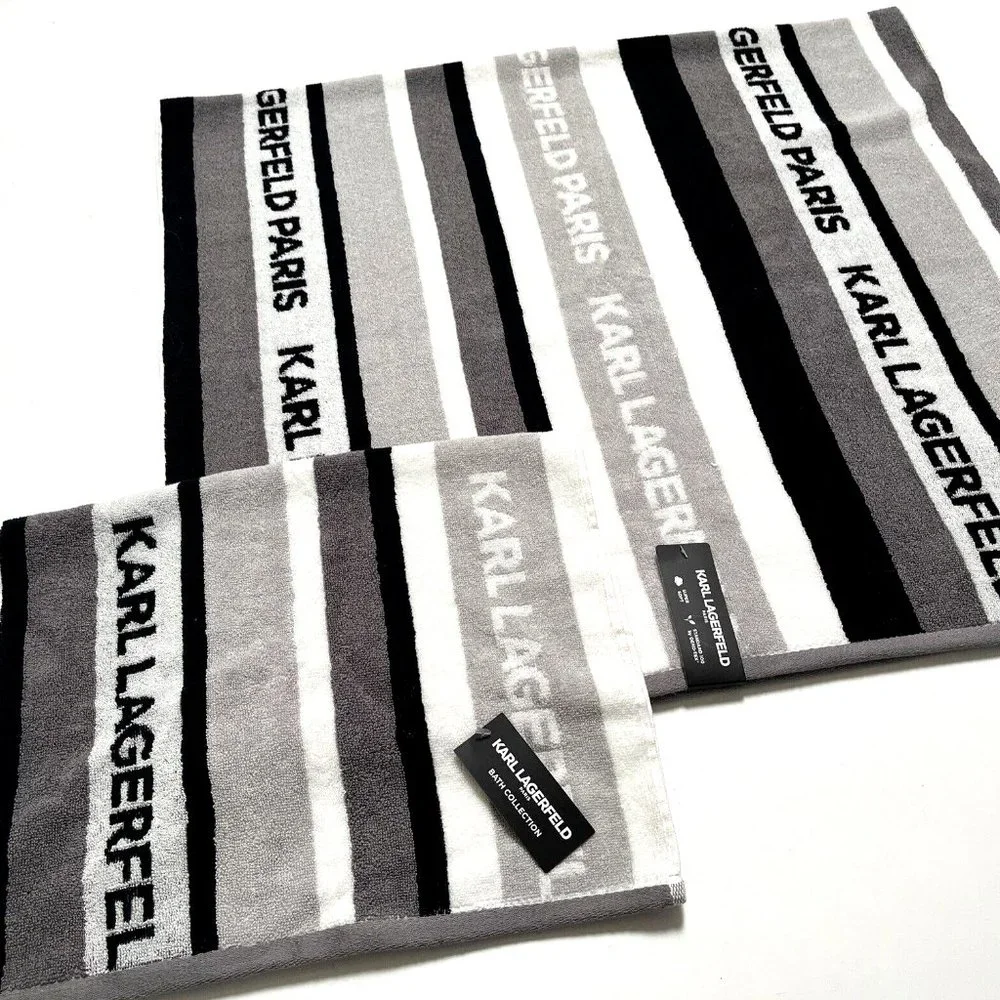 Karl Lagerfeld 2pc Cotton Bath & Hand Towel Set Gray Black White NWT